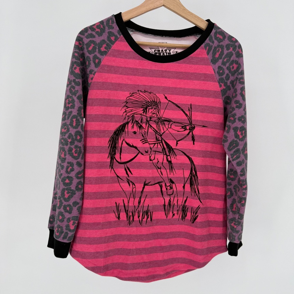 Crazy Train Western Boho Blouse Sweater Top Small Leopard Long Sleeve